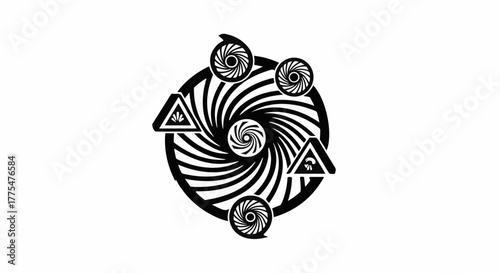 Abstract swirling vortex with geometric shapes and circular motifs