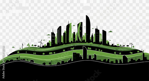 Vibrant green city skyline representing sustainable urban development and eco-friendly living.