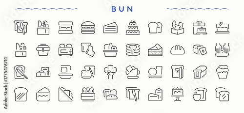 Bun linear icon collection. Snack simple icon set. Included fast, bun, cheese, cheeseburger, hamburger, eat and more. Editable stroke collections.