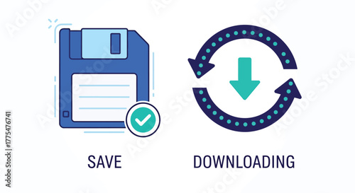Vector illustration of save and downloading icons, representing data storage, file backup, and progress of downloading with a retro floppy disk