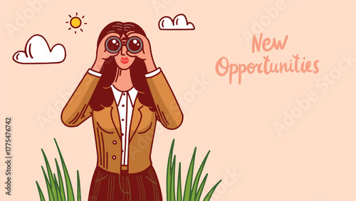 New Opportunities banner with a business lady with binoculars seeking for business conclusions. Outline hand drawn style concept for teamwork, company development,