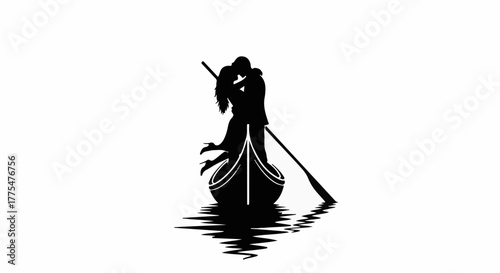 Romantic silhouette of a couple embracing passionately in a gondola on reflective water.
