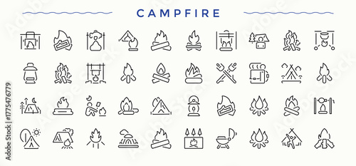 Campfire icon set. Trendy minimal icons. Pictograms of forest, tourism, camping, camp. Art and illustration. Camp icon set.