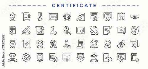 Certificate linear icon set. Quality line icon set. Minimal thin line web icons set. Pictograms of product, assurance, mark, control, inspect and more. Editable vector art.