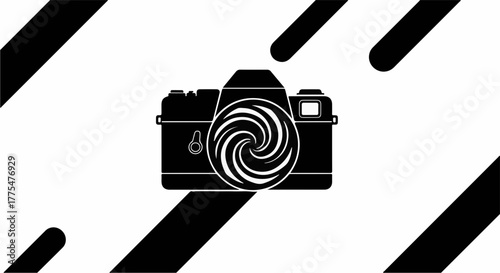 Artistic camera silhouette with swirling lens effect on a graphic background
