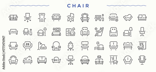 Chair icon set. Minimalist linear icons. Armchair icon. Includes symbols for furniture, comfort, couch, seat, interior and more.