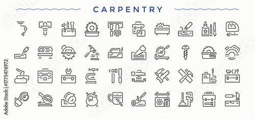 Carpentry related icon set. Handyman line icon set. Contains such icons as repair, tool, handyman, carpenter tools, craft and more. Editable vector illustration.