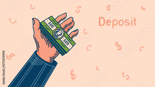 A hand in suit with a pack of money, dollars concept of sharing, withdraw or deposit money in your online bank or for finance company in hand drawn outline style. Cent signs
