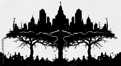 Surreal cityscape silhouette emerges from ancient trees, blending nature and urban dreams.
