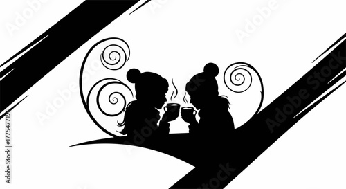 Two children in silhouette sharing warm drinks, embracing winter comfort and togetherness.