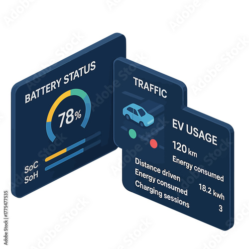Digital dashboard displaying electric vehicle battery status, usage data, and traffic information.