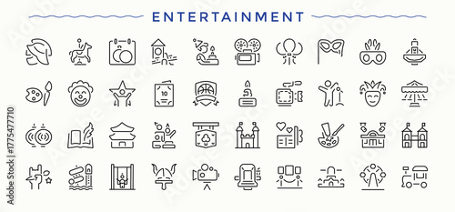 Entertainment line icon set. Celebrate icon pack. Contain linear sign holiday, festival, travel, celebrate, activity, party, event. Editable stroke. Vector illustration.