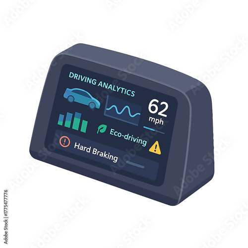 Digital car display showing driving analytics with speed, eco-driving, and hard braking warnings for vehicle performance monitoring.