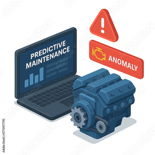 Isometric illustration of predictive maintenance system detecting an anomaly in an industrial engine, showing data analysis on a laptop.