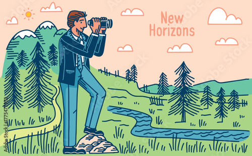 A businessman standing over a mountains view with binoculars looking for new horizons. Concept of seeking paths in your company development, finance or adventure hand drawn outline style.