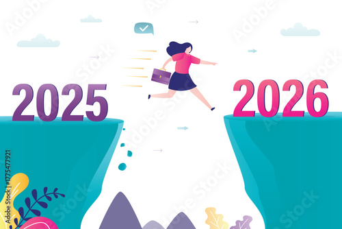 Female employee or businesswoman jumping from cliff to other side. concept of change from 2025 to 2026 year. moving forward, goals, hopes, overcoming obstacles and problems.