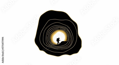 Explorer emerges from dark cave into bright light, symbolizing hope and discovery