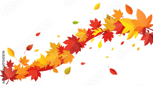 Vector illustration of autumn leaf border, wave of colorful falling leaves in motion, seamless design with orange, red, and yellow tones isolated on transparent background