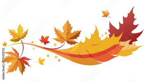 Vector illustration of autumn leaf border, wave of colorful falling leaves in motion, seamless design with orange, red, and yellow tones isolated on transparent background