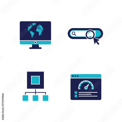 Vector illustration of set of computer icons for web search, network, and performance each icon represents a different aspect of online functionality