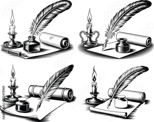 Vintage Engraving Style Set of Quill Pen Ink Scroll and Candle Illustrations Vector