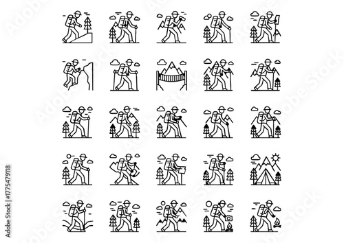 Trailblazer Vector Icons: 25 Black & White Hiker Silhouettes, Outdoor Adventure: Hiker Icon Set in Thick Black Vector Style, Hiking & Trekking: Minimalist Black Vector Icon Collection