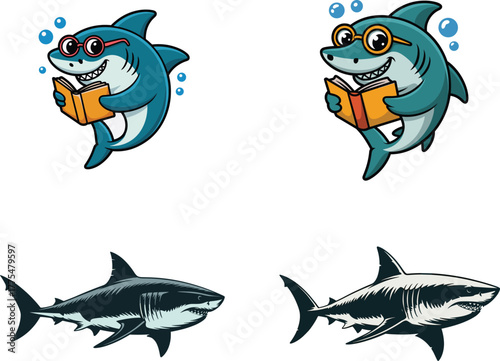 Smart Cartoon Shark Reading and Great White Shark Vector Set