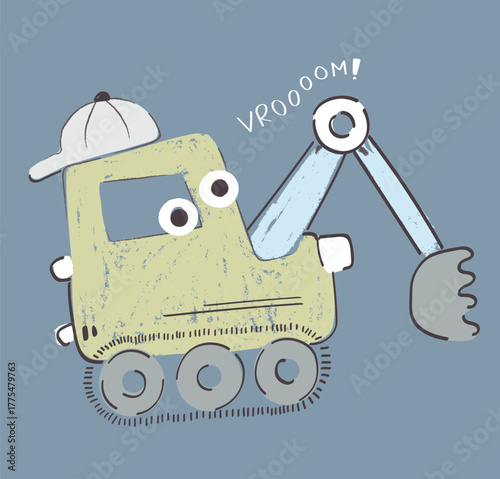 Dinosaur baby cute print. Little builder hard working, slogan and lettering.