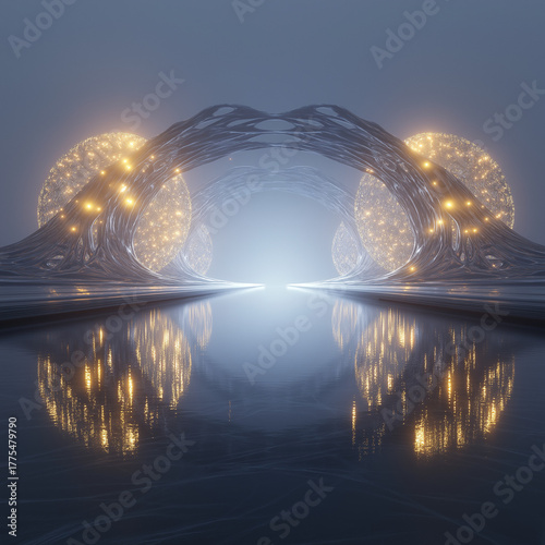 Glowing Spheres in a Digital Abstract: An elegant display of geometric forms and radiant spheres, harmoniously mirroring themselves in a reflective expanse.
