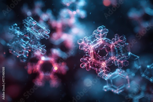 A futuristic and abstract 3D rendering of molecular molecules, resembling a Christmas interface with holographic snowflakes and neon glow.