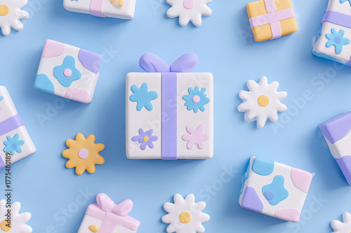 Colorful gift boxes and flowers on a pastel blue background, top view