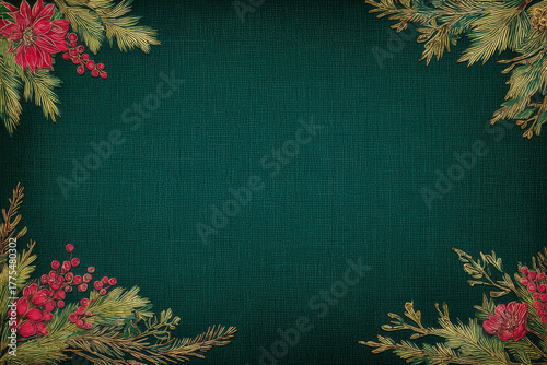Festive Christmas background with poinsettias, berries, and evergreen branches, space for text