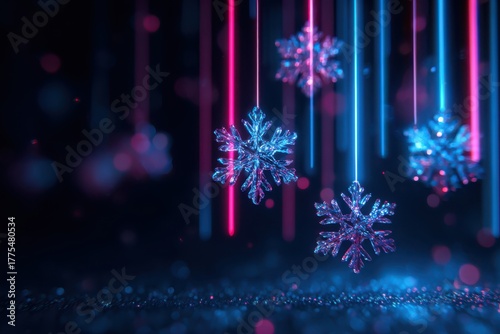 A futuristic Christmas-themed interface featuring holographic snowflakes on a neon blue and pink background. The snowflakes create a mesmerizing wallpaper design.
