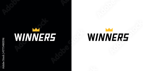 Logo created with geometric italic typography with the word "winners" and a golden crown
