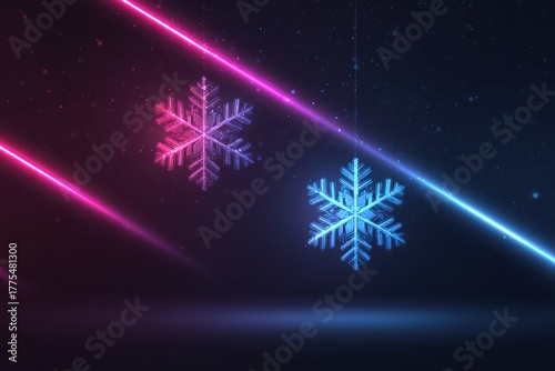 Three holographic snowflakes with a neon glow on a dark futuristic Christmas interface background.