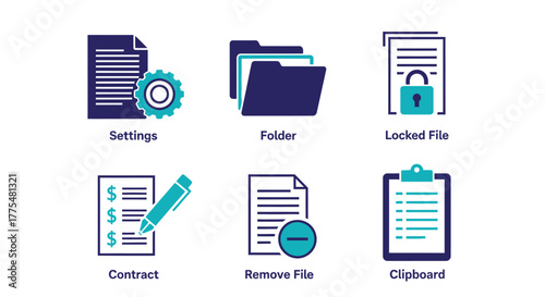 Vector illustration of collection of business and finance icons settings, folder, locked file, contract, remove file, clipboard, vector illustration