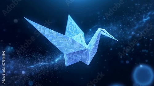 Serene glowing blue origami crane flying through dark magical fantasy space. paper craft creation and symbol of hope and peace