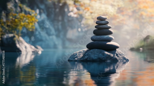 A pile of rocks resting on the surface of a calm body of water during daylight hours