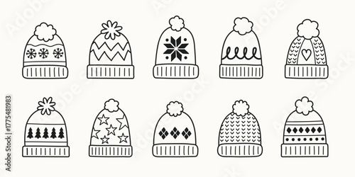 Set with cute hand drawn winter hats. Christmas elements. Vector illustration