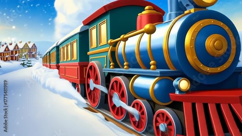 Joyful cartoon Christmas train journey through magical winter landscape with deep snow. festive holiday village scene