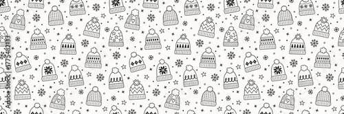Seamless texture with colourful hand drawn winter hats. Christmas background design. Banner. Vector illustration