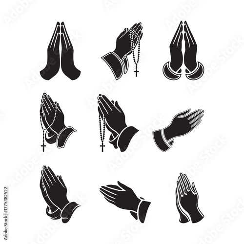 Black Color Praying Hands Silhouette Vector Illustration, Solid White Background.