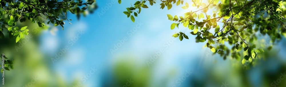 Obraz premium Lush green leaves frame a bright blue sky, sunlight beaming through branches. Soft, blurred nature