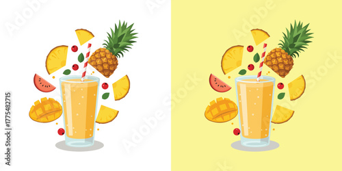 Exploded View Mango Pineapple Smoothie Ingredients Flat Design