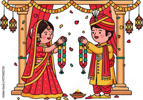 Joyful Indian Wedding Ceremony with Bride and Groom Exchanging Garlands.