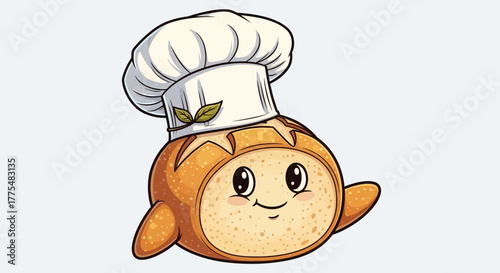 Funny cartoon chef character holding a spoon wearing a hat in a restaurant kitchen illustration