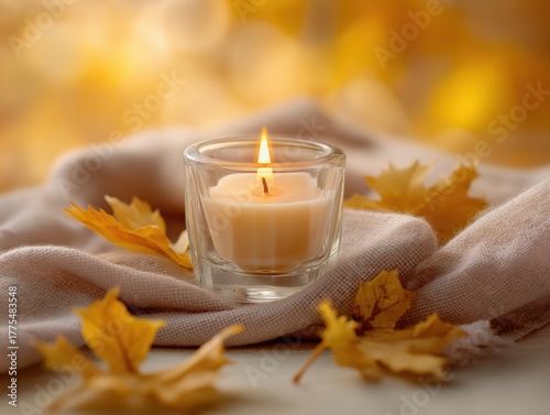 Warm, glowing candle with autumn leaves and soft fabric creates a cozy, peaceful atmosphere perfect for relaxation and reflection