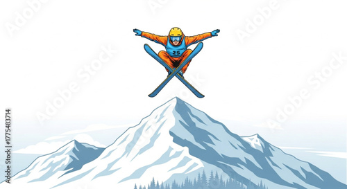Skier in Action Jumping Over Snowy Hills illustration – Outdoor Winter Adventure