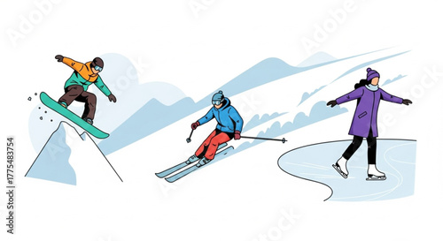 Winter Sports Athlete Skiing in Snowy Landscape Illustration