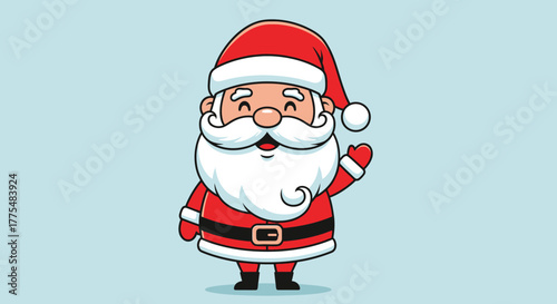 A cheerful cartoon illustration of Santa Claus, waving his hand with a jolly expression, wearing a red suit.